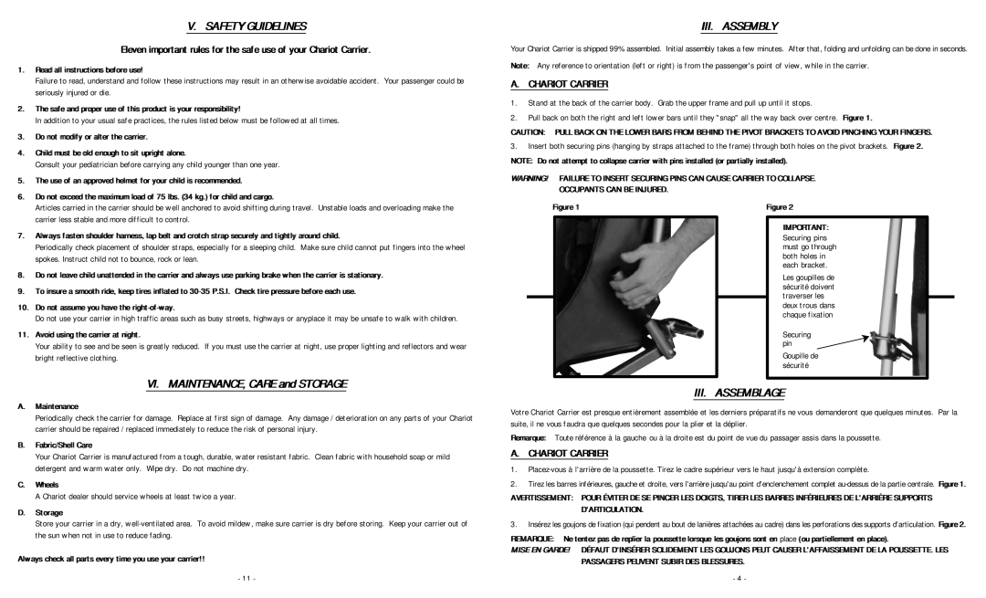 Chariot Carriers 2000 manual Safety Guidelines, III. Assembly, III. Assemblage, Chariot Carrier 