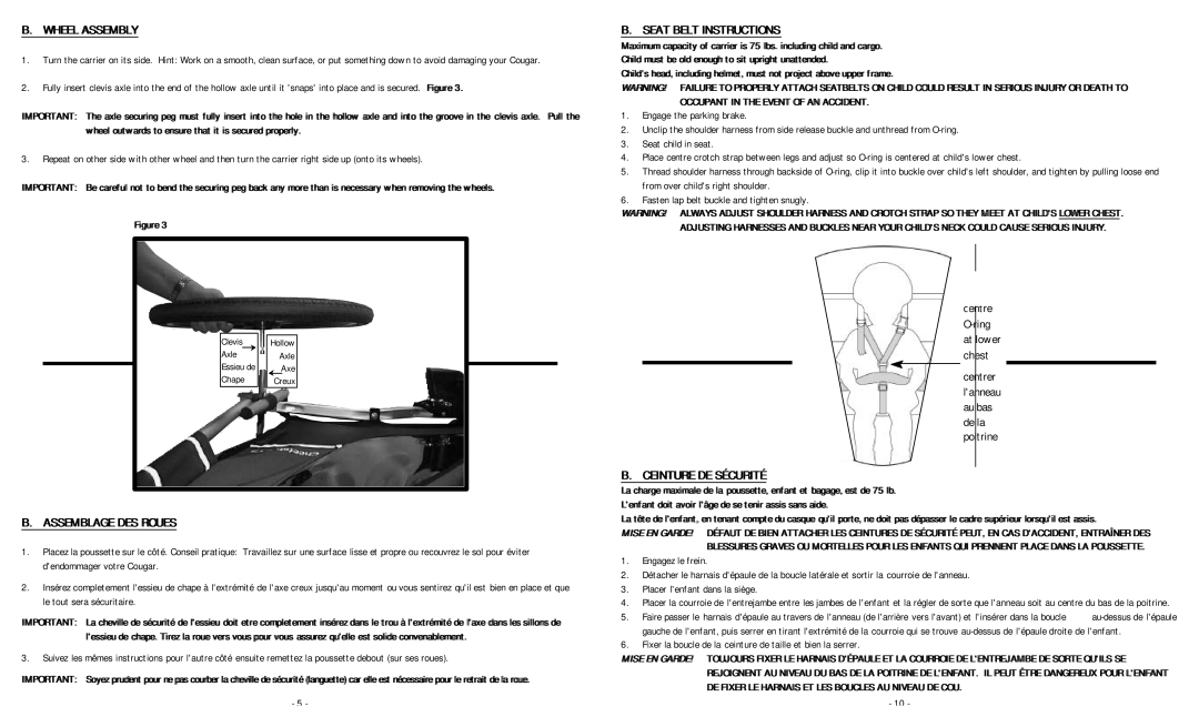 Chariot Carriers 2000 manual Wheel Assembly, Assemblage DES Roues, Seat Belt Instructions, Ceinture DE Sécurité 