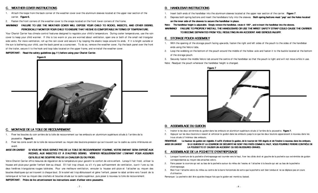 Chariot Carriers 2000 manual Weather Cover Instructions, Montage DE LA Toile DE Recouvrement, Handlebar Instructions 