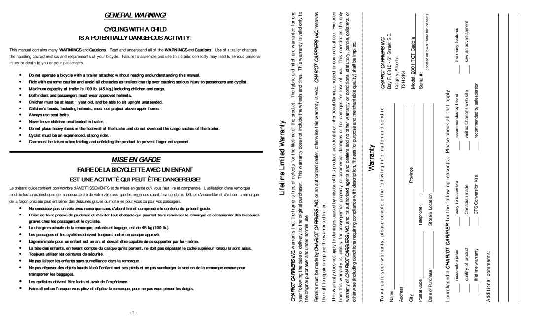 Chariot Carriers 2001 TCT CADDLE manual LimitedLifetimeWarranty, Carrier 