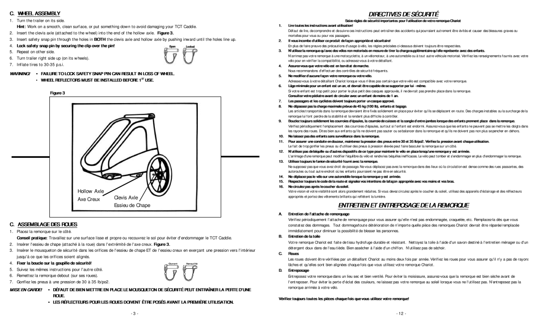 Chariot Carriers 2001 TCT CADDLE manual Wheel Assembly, Assemblage DES Roues, Directives DE Sécurité 