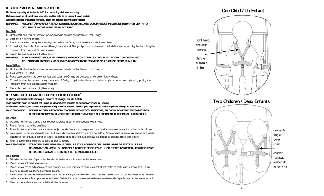 Chariot Carriers 2001 TCT CADDLE manual Child Placement and Seatbelts, Places DES Enfants ET Ceintures DE Sécurité 