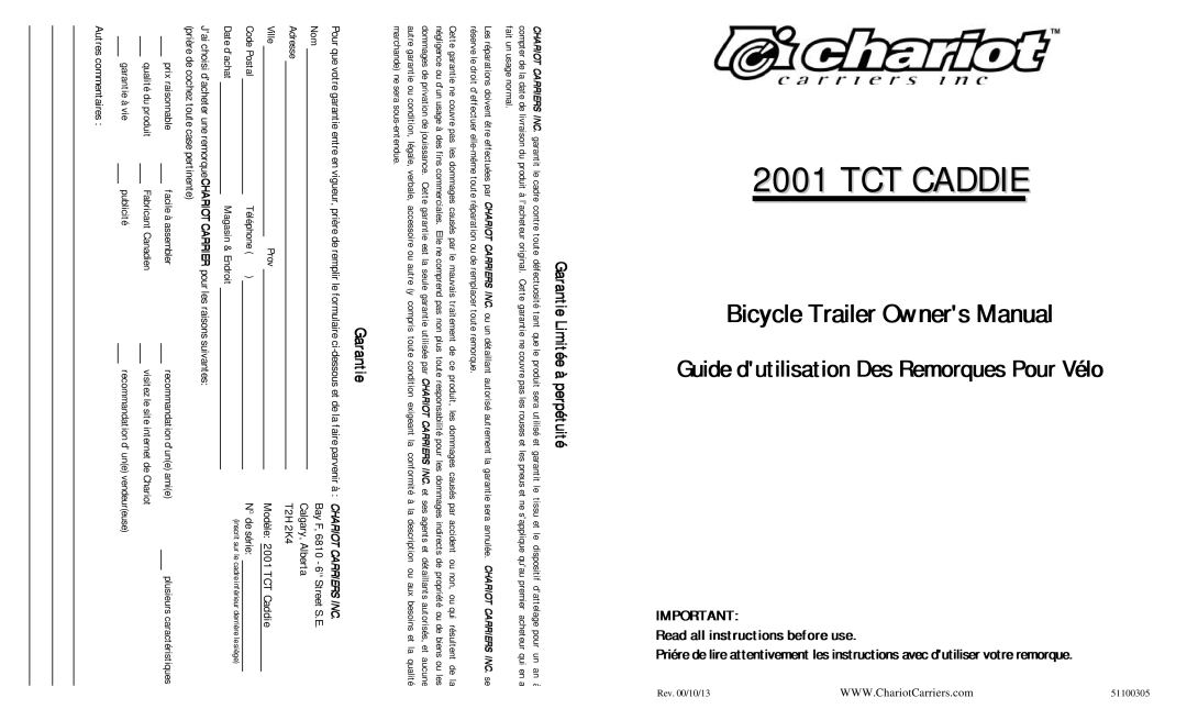 Chariot Carriers 2001 TCT CADDLE manual Garantie Limitée à perpétuité, Téléphone 