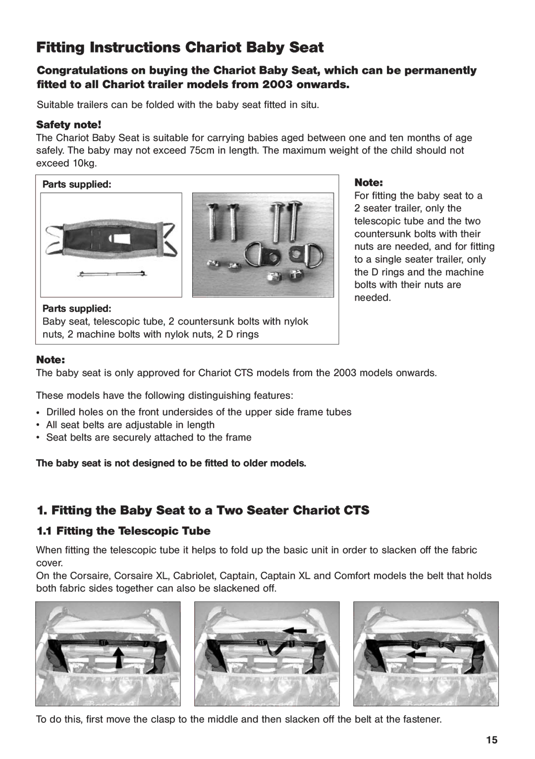 Chariot Carriers 2003 manual Fitting the Baby Seat to a Two Seater Chariot CTS, Fitting the Telescopic Tube, Safety note 