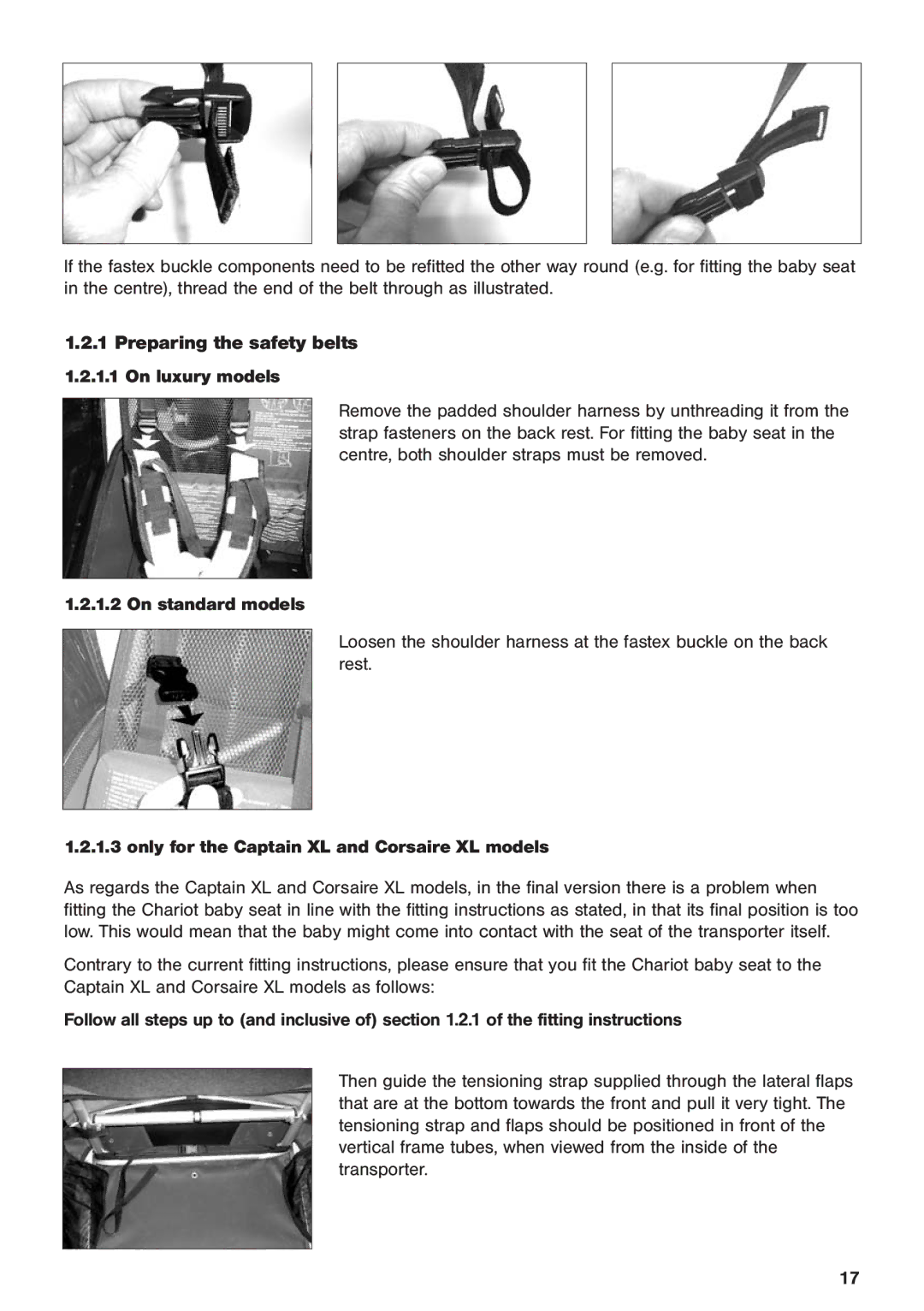 Chariot Carriers 2003 manual Preparing the safety belts On luxury models, On standard models 