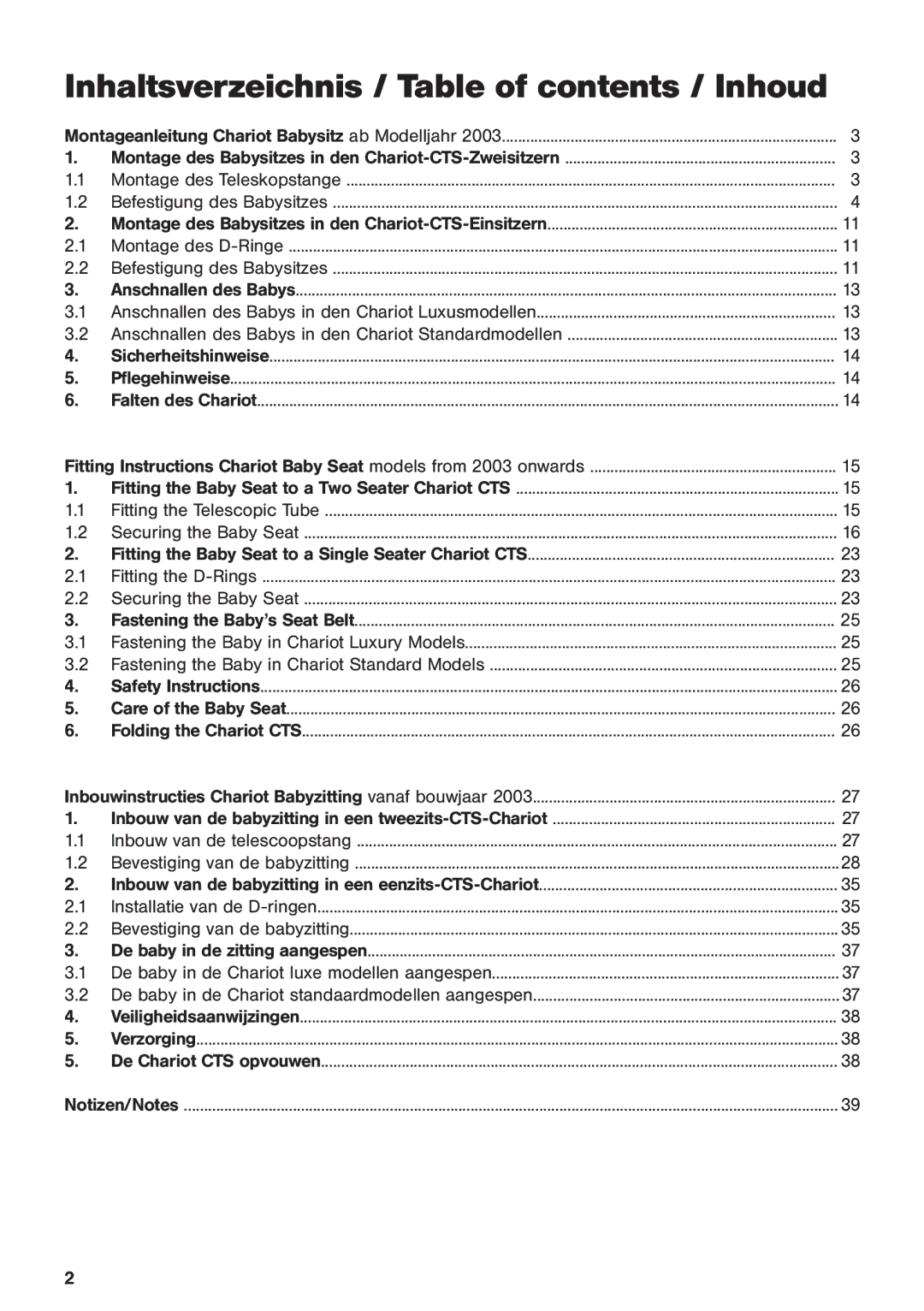 Chariot Carriers 2003 manual Inhaltsverzeichnis / Table of contents / Inhoud 