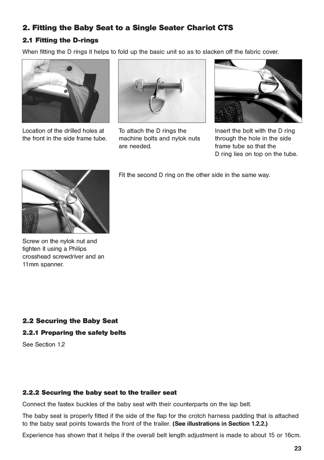 Chariot Carriers 2003 manual Fitting the Baby Seat to a Single Seater Chariot CTS, Fitting the D-rings 