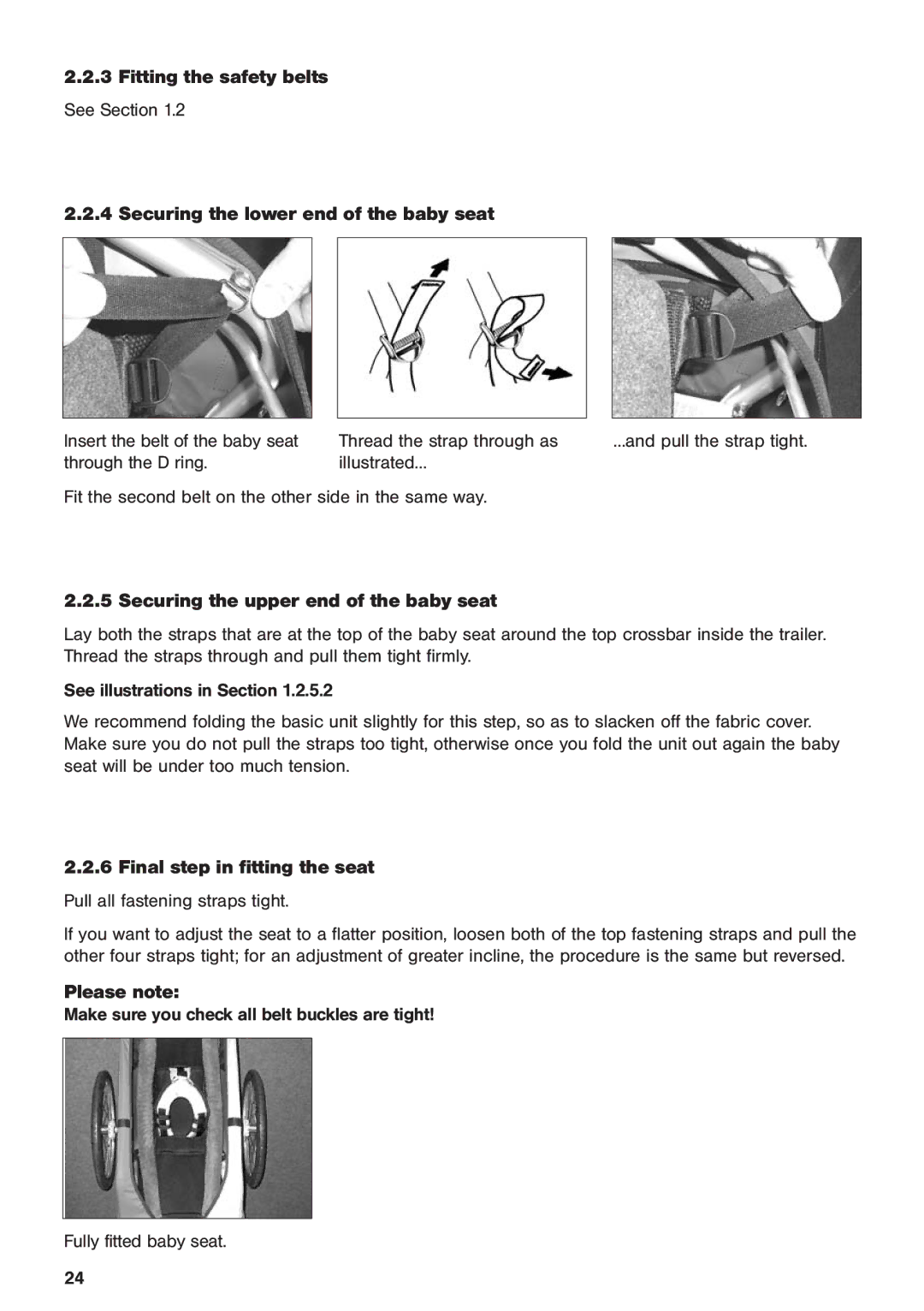 Chariot Carriers 2003 manual Fitting the safety belts, Securing the upper end of the baby seat 