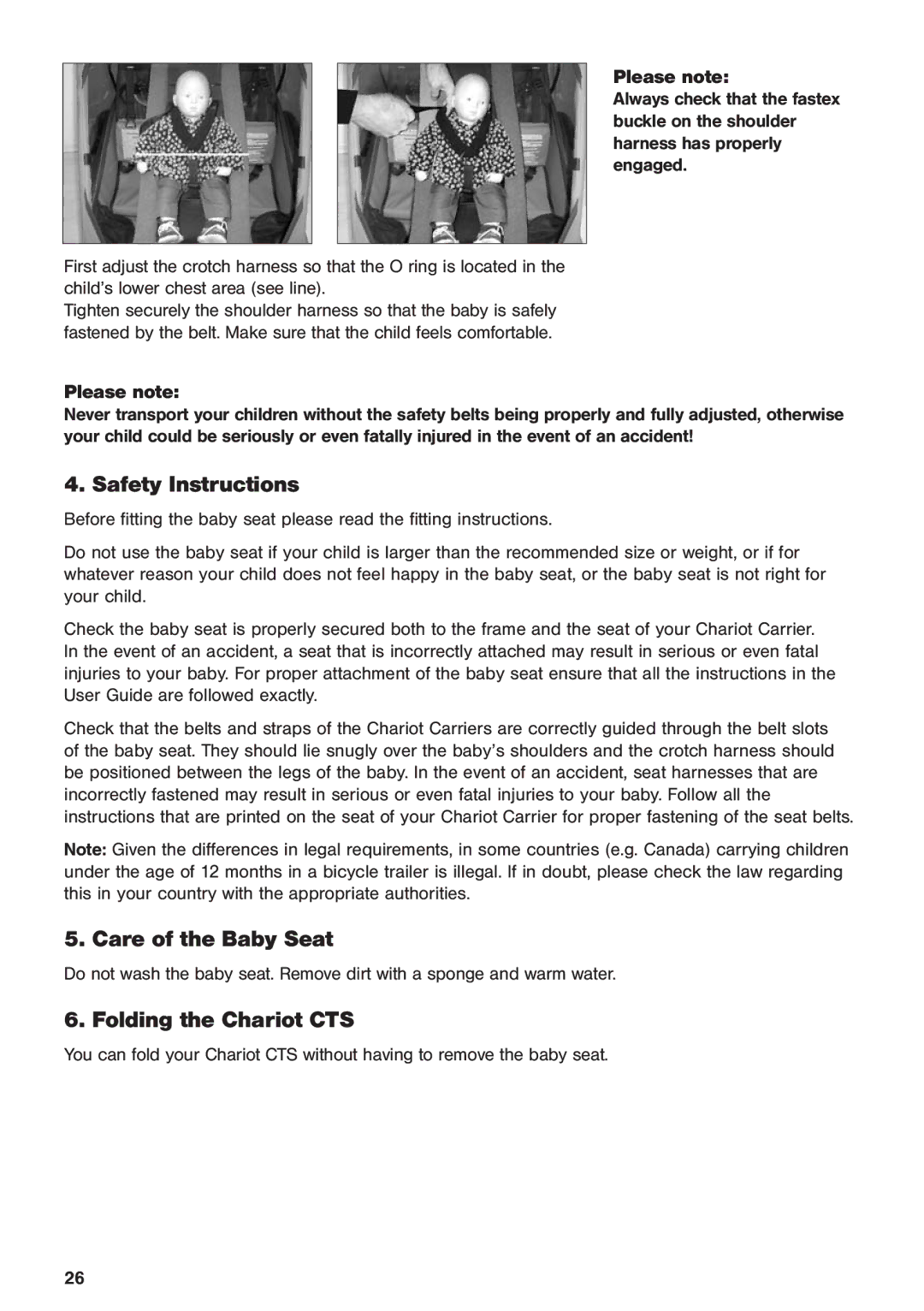 Chariot Carriers 2003 manual Safety Instructions, Care of the Baby Seat, Folding the Chariot CTS 