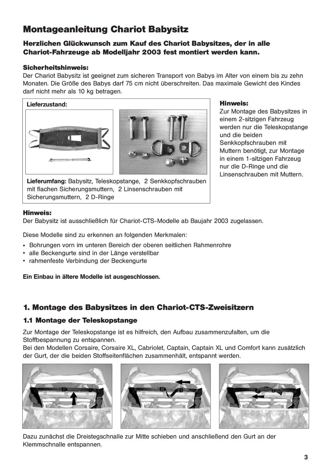 Chariot Carriers 2003 manual Montage des Babysitzes in den Chariot-CTS-Zweisitzern, Montage der Teleskopstange, Hinweis 