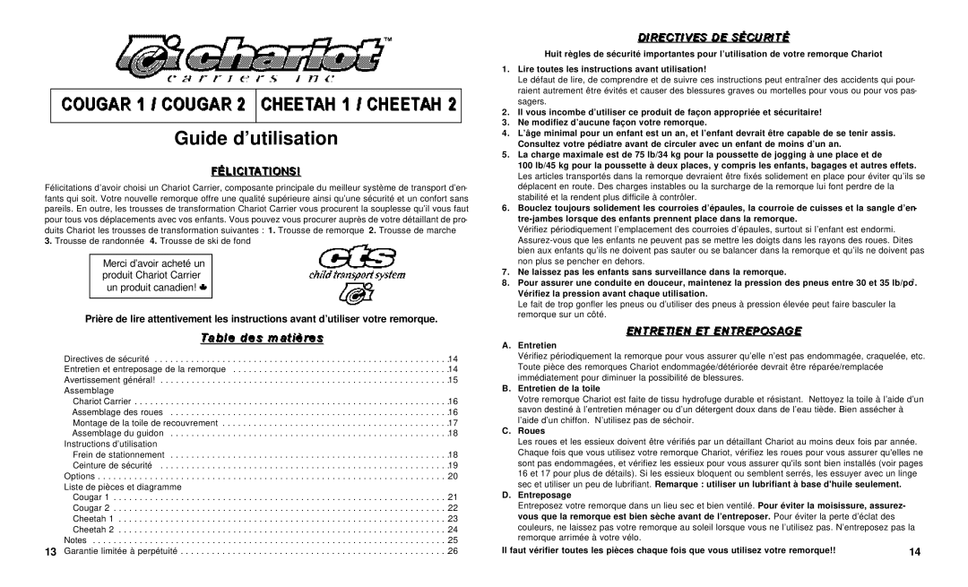 Chariot Carriers 51100460 manual Guide d’utilisation 