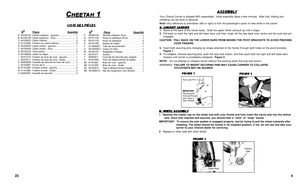 Chariot Carriers 51100460 manual Pièce Quantité 