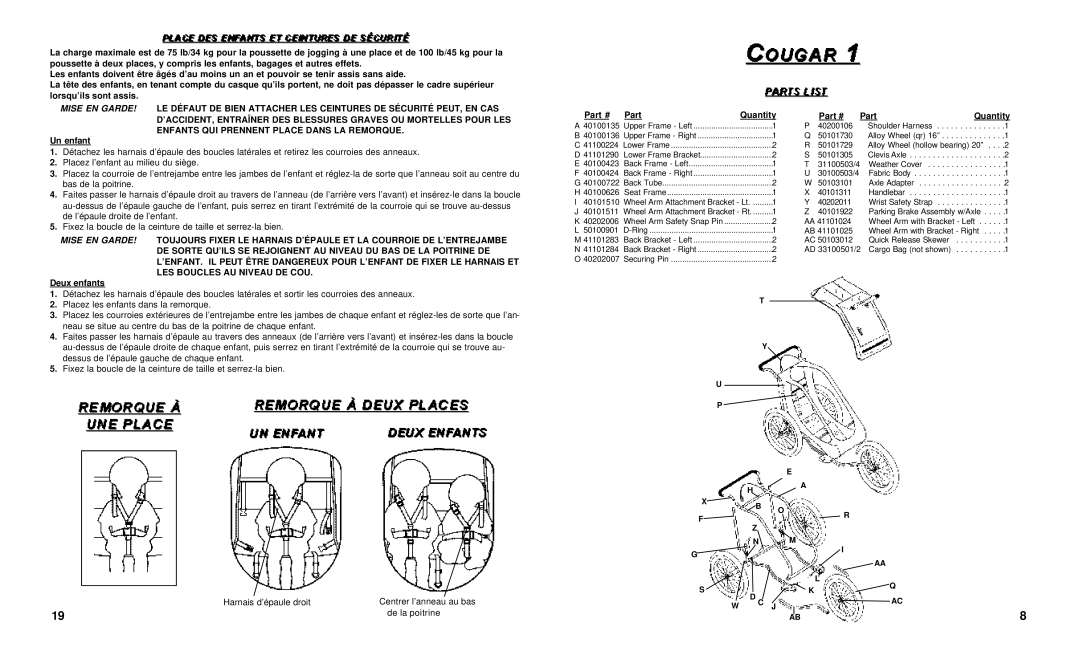 Chariot Carriers 51100460 manual Un enfant, Deux enfants, Part Quantity 