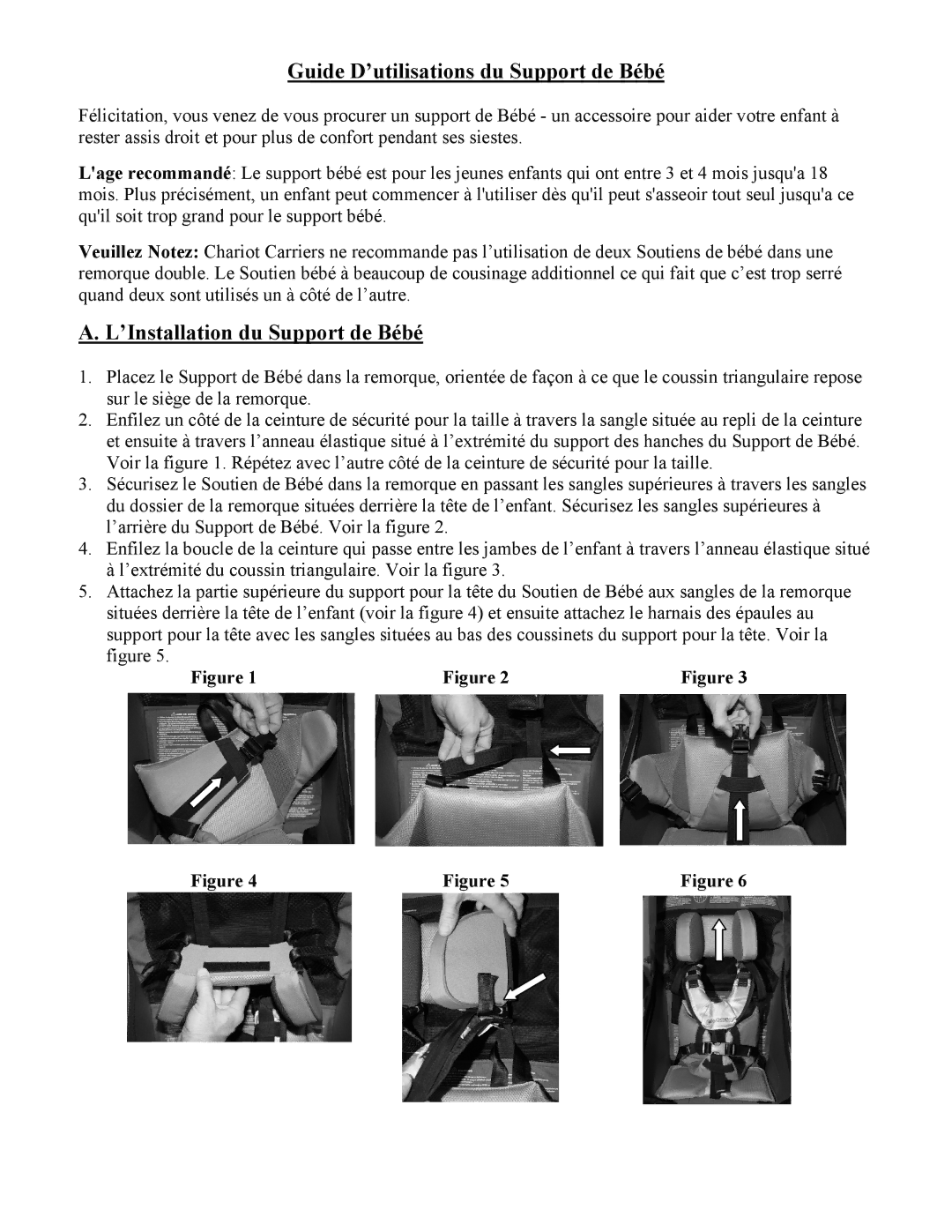 Chariot Carriers 51100926 manual Guide D’utilisations du Support de Bébé, ’Installation du Support de Bébé 