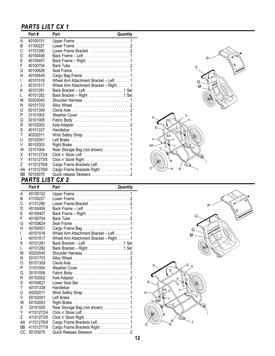 Chariot Carriers Babya Carrier manual Parts List CX 