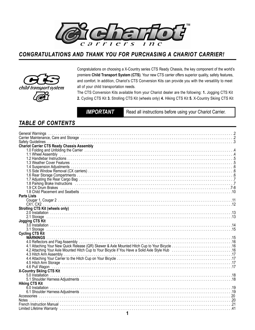 Chariot Carriers Babya Carrier manual Table of Contents 