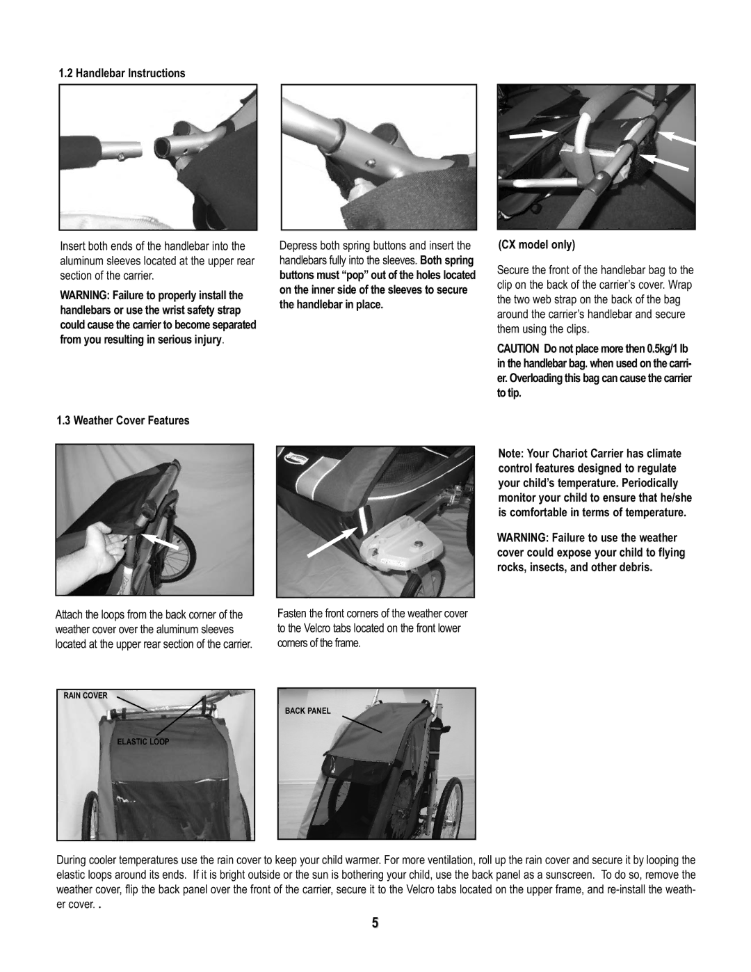 Chariot Carriers Babya Carrier manual Handlebar Instructions, CX model only, Weather Cover Features 