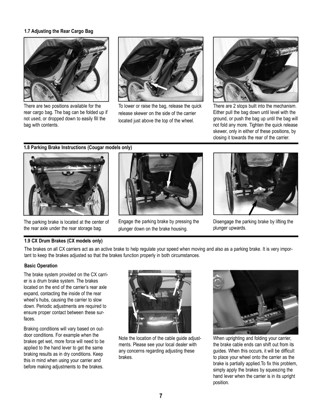 Chariot Carriers Babya Carrier manual Adjusting the Rear Cargo Bag, Parking Brake Instructions Cougar models only 