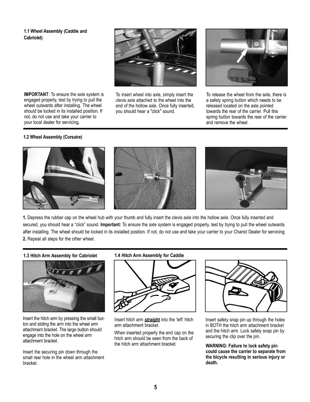 Chariot Carriers CABRIOLET CTS manual Wheel Assembly Caddie and Cabriolet, Wheel Assembly Corsaire 