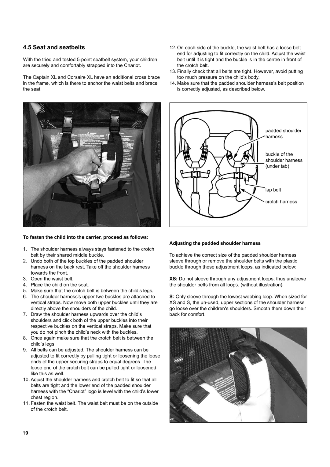 Chariot Carriers Captain XL, Corsaire XL manual Seat and seatbelts, To fasten the child into the carrier, proceed as follows 