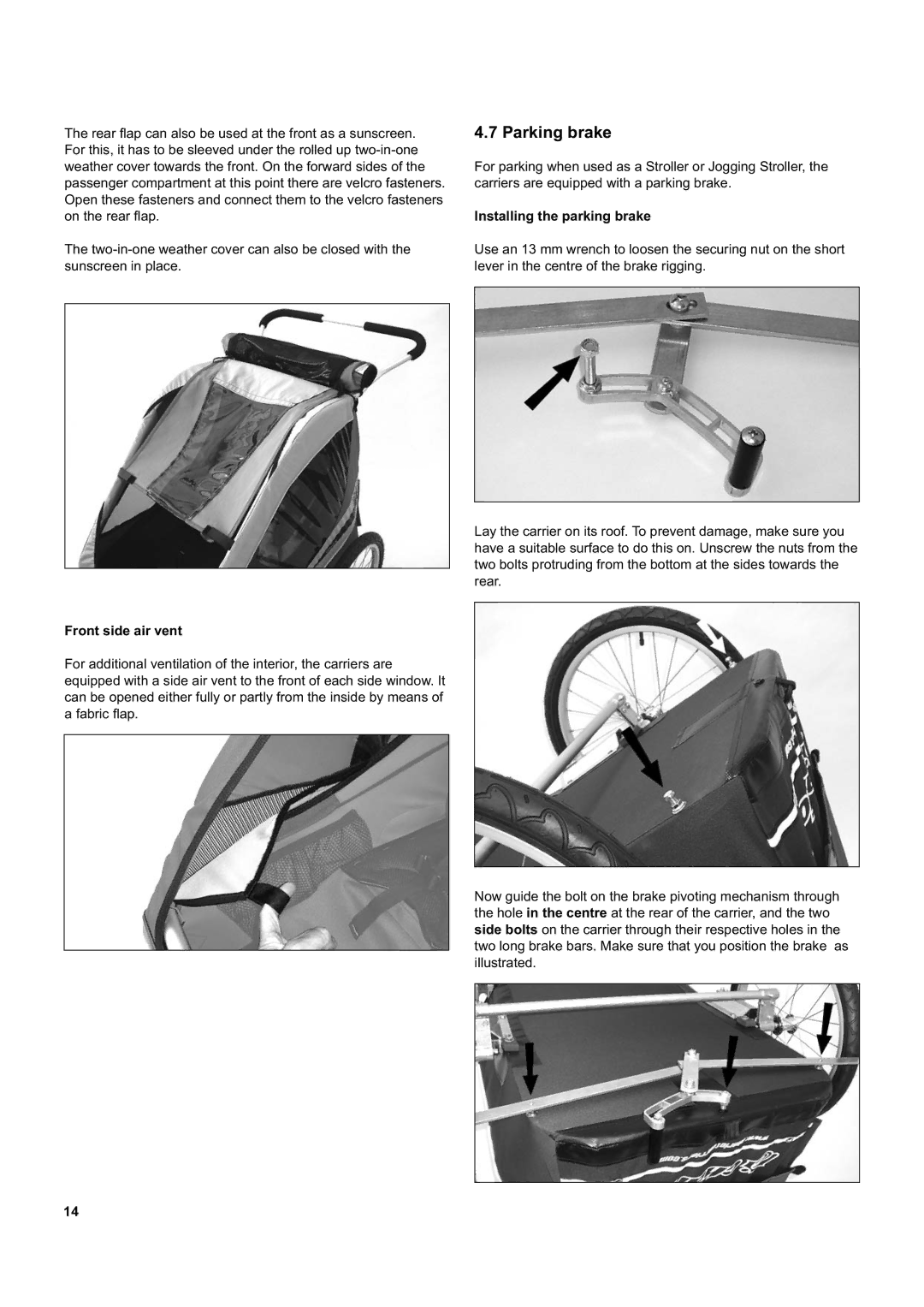 Chariot Carriers Captain XL, Corsaire XL manual Parking brake, Front side air vent, Installing the parking brake 