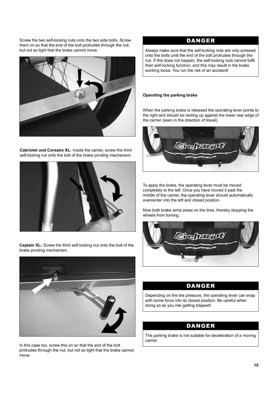 Chariot Carriers Corsaire XL, Captain XL manual Operating the parking brake 