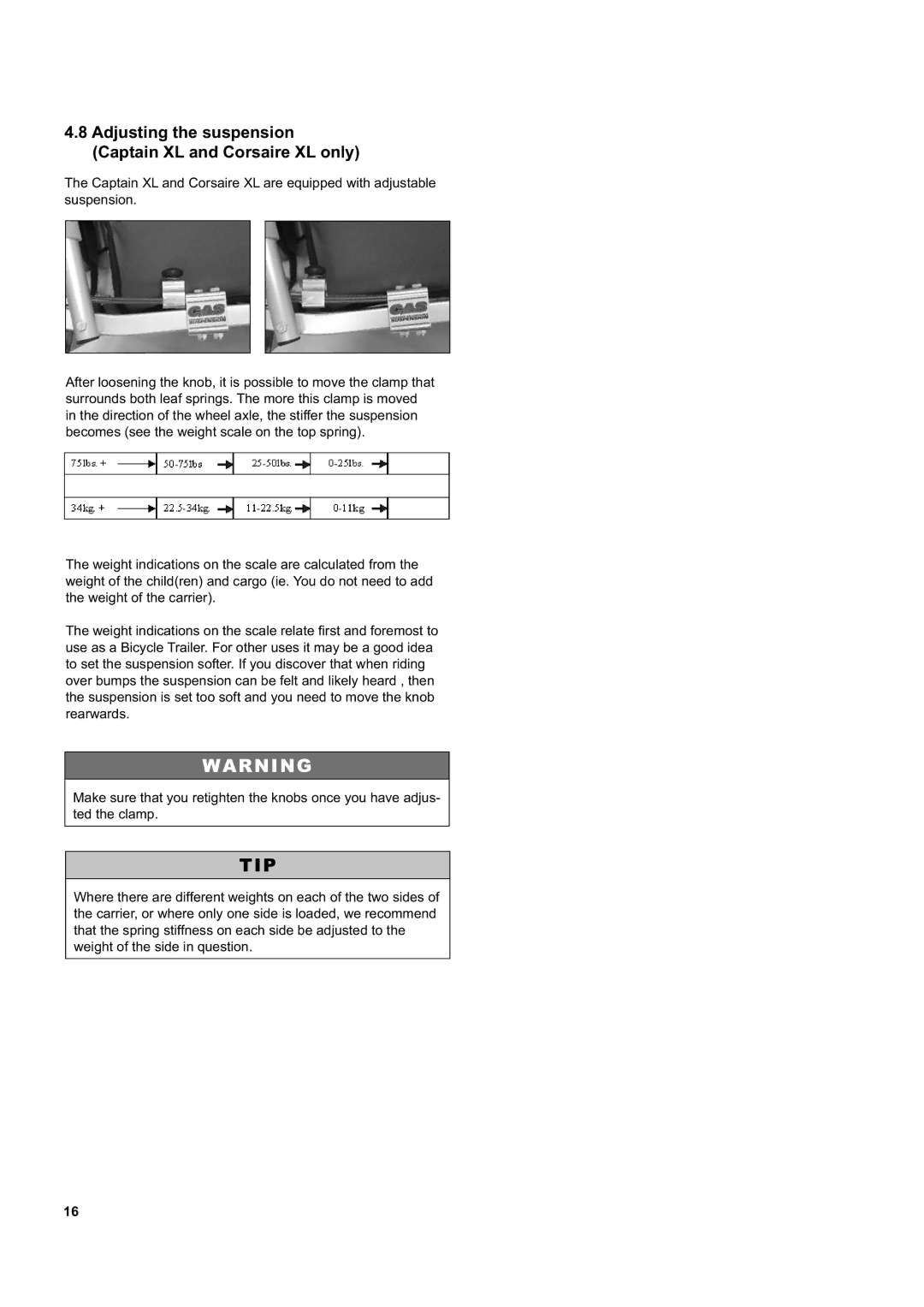 Chariot Carriers manual Adjusting the suspension Captain XL and Corsaire XL only 