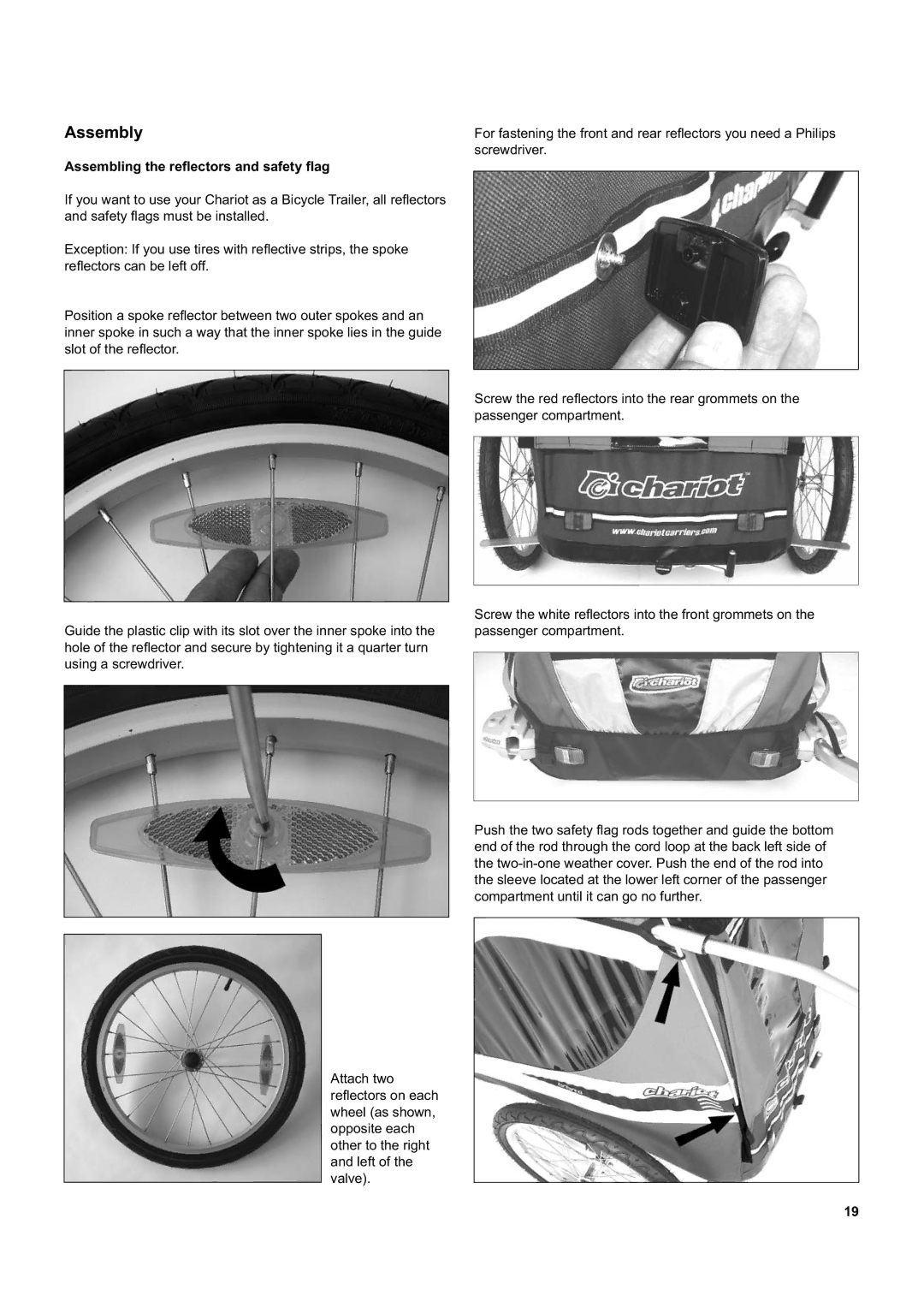 Chariot Carriers Corsaire XL, Captain XL manual Assembly, Assembling the reﬂectors and safety ﬂag 