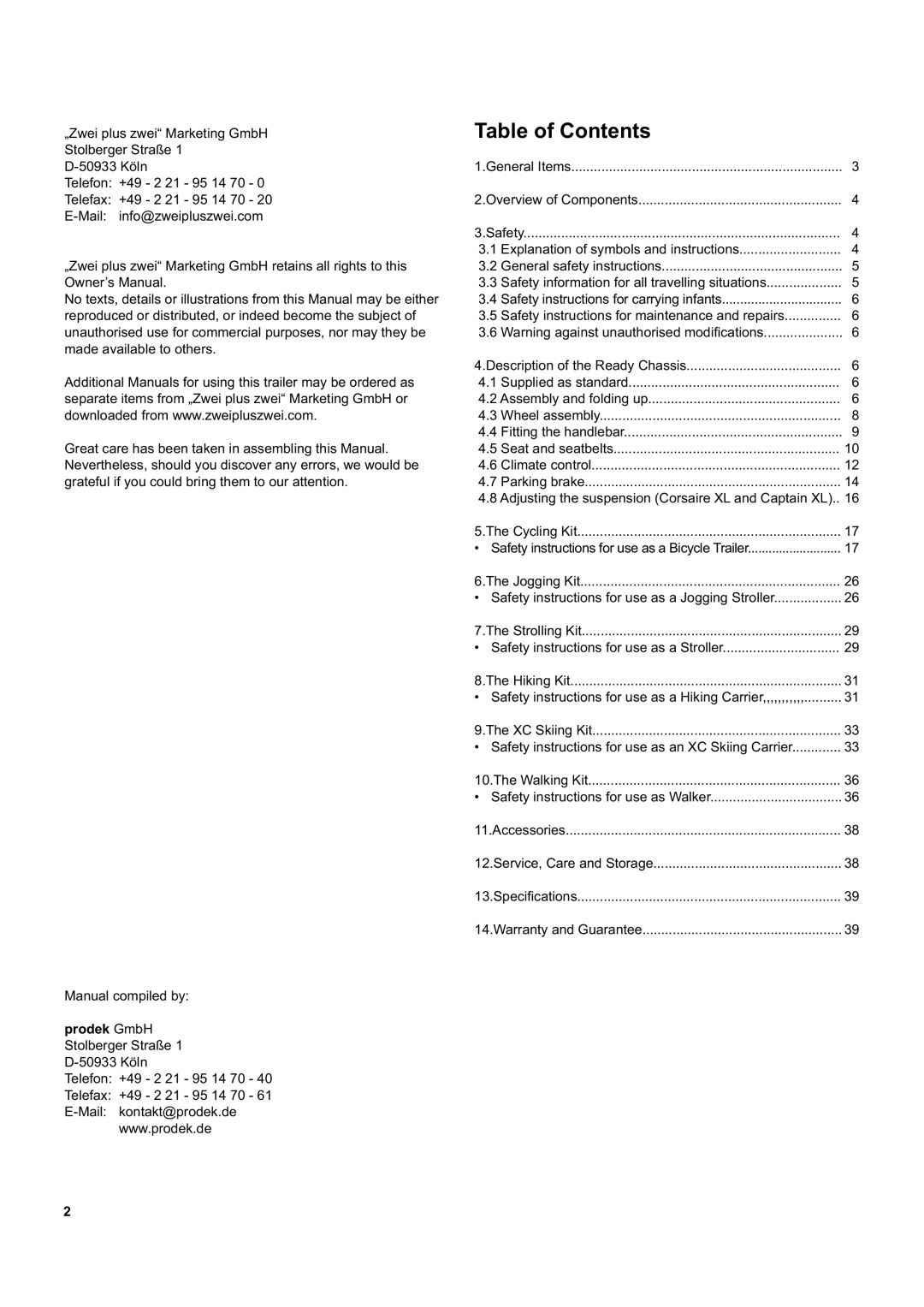 Chariot Carriers Captain XL, Corsaire XL manual Table of Contents 