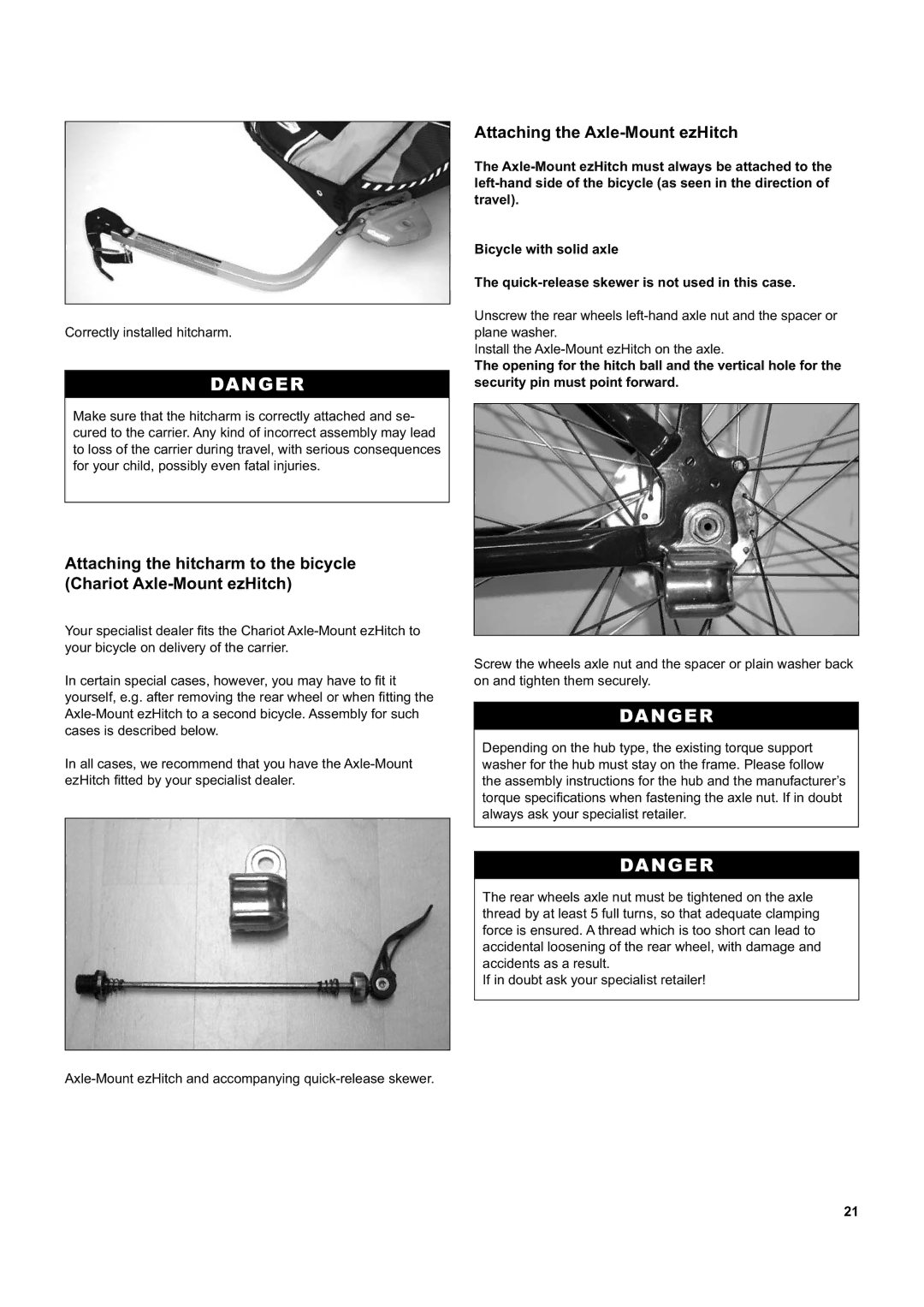 Chariot Carriers Corsaire XL, Captain XL manual Attaching the Axle-Mount ezHitch 