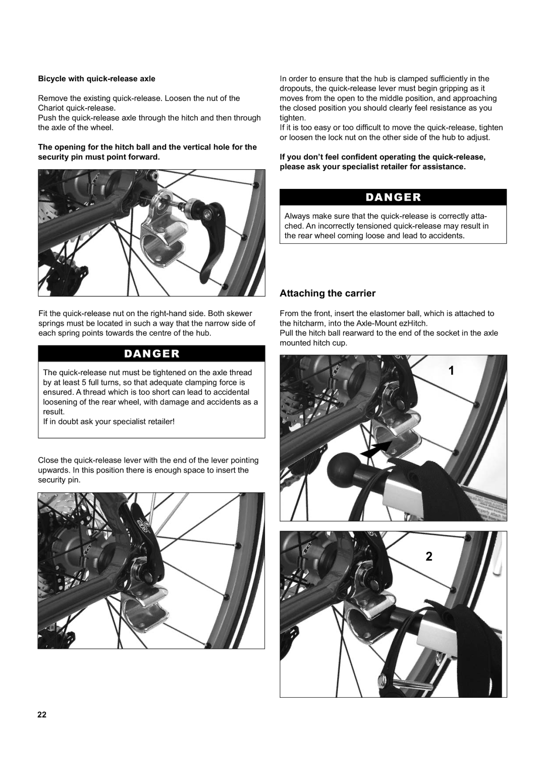 Chariot Carriers Captain XL, Corsaire XL manual Attaching the carrier, Bicycle with quick-release axle 