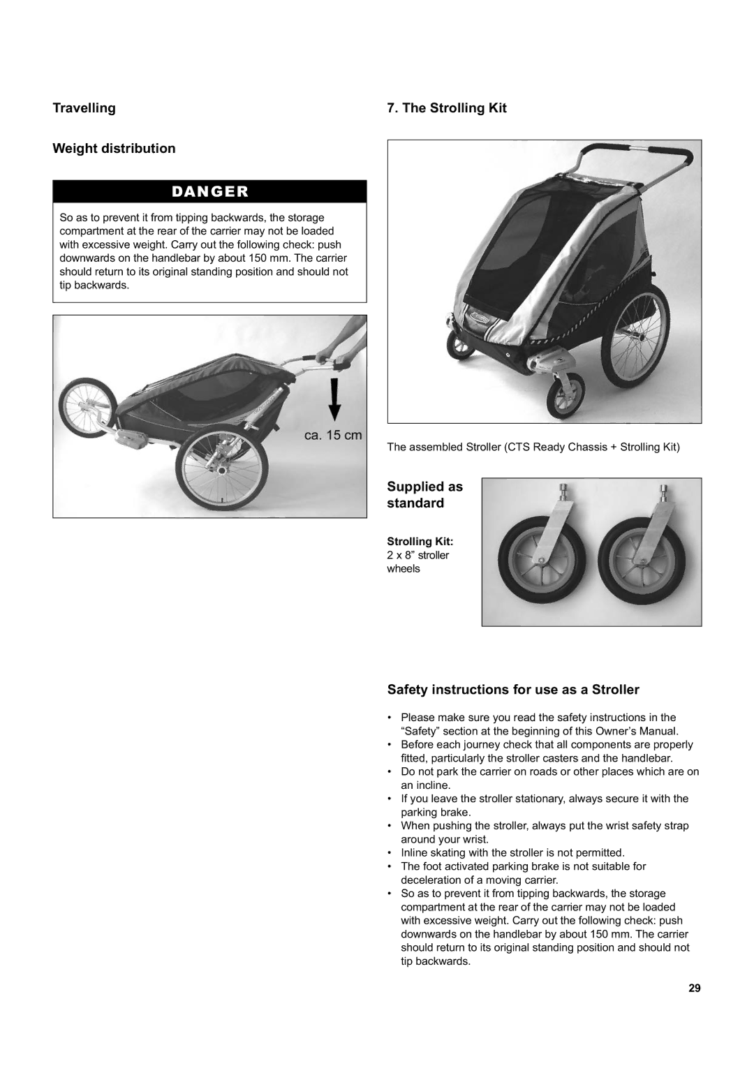 Chariot Carriers Corsaire XL Travelling Weight distribution, Strolling Kit, Safety instructions for use as a Stroller 