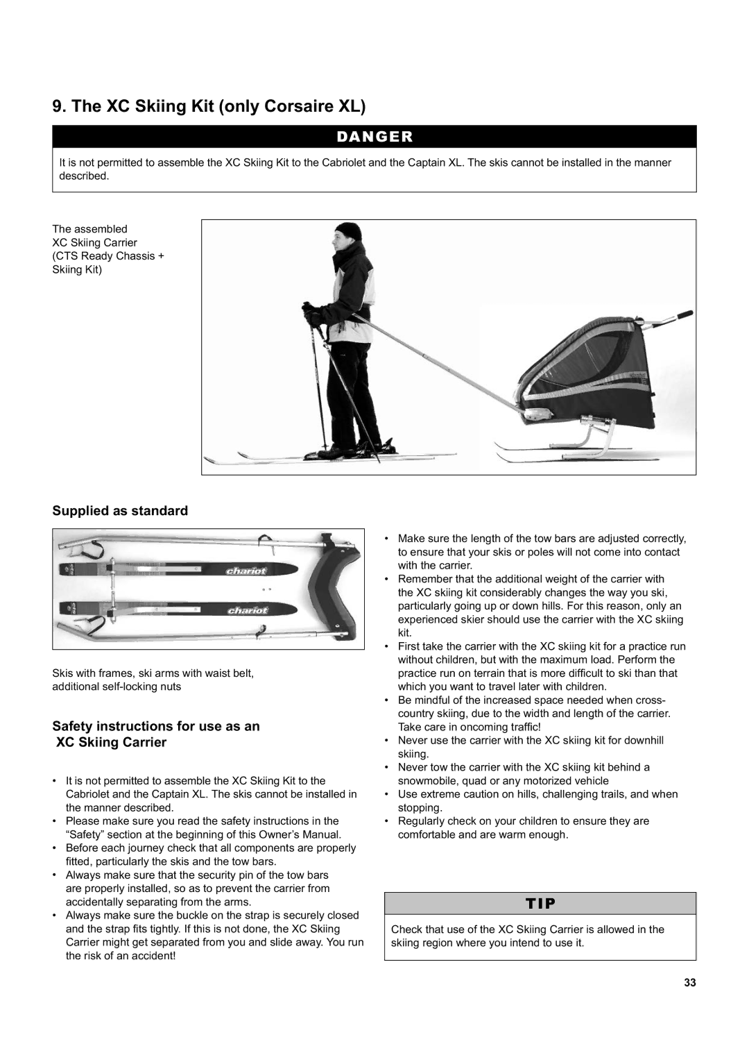 Chariot Carriers Captain XL manual XC Skiing Kit only Corsaire XL, Safety instructions for use as an XC Skiing Carrier 