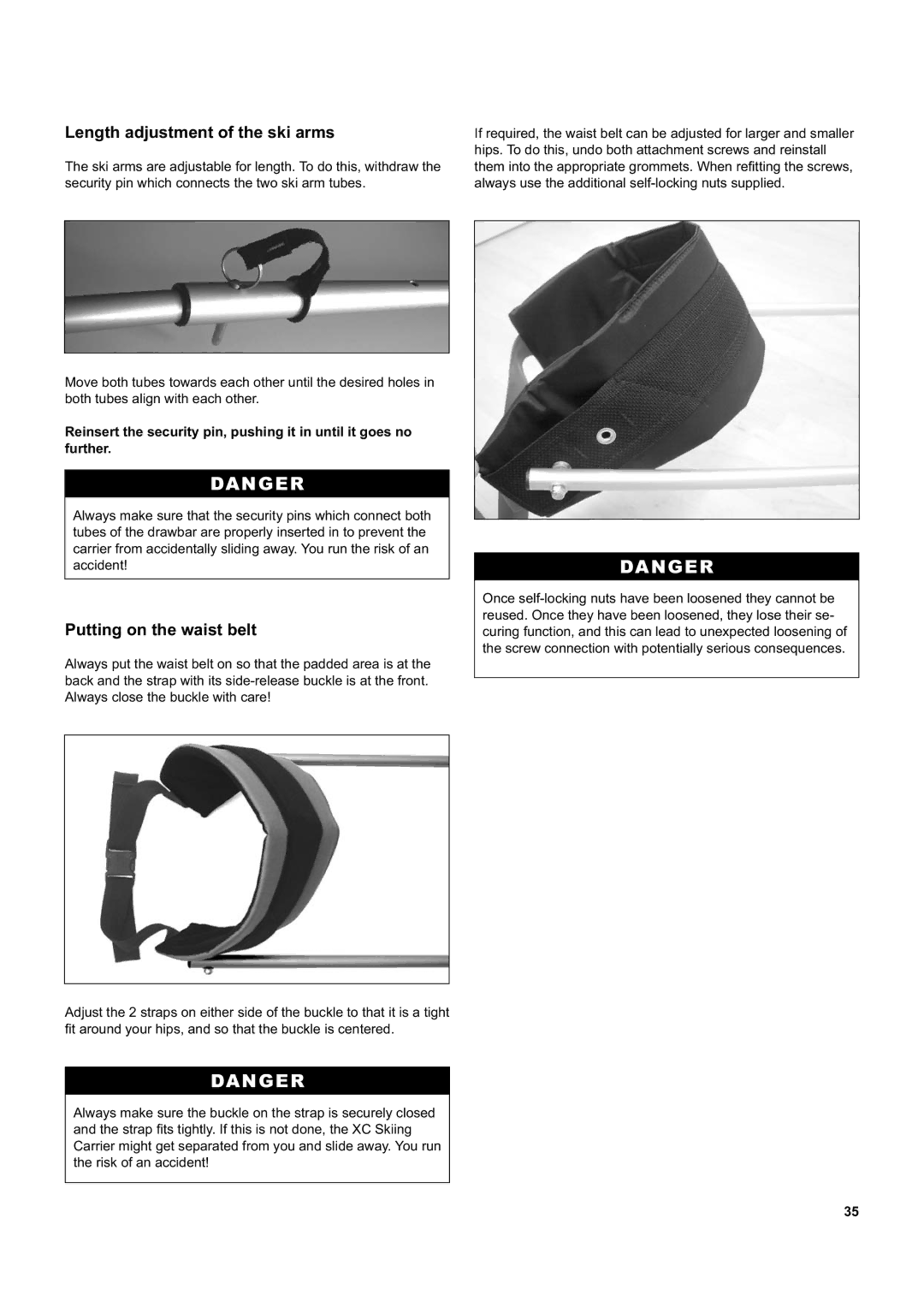 Chariot Carriers Corsaire XL, Captain XL manual Length adjustment of the ski arms, Putting on the waist belt 