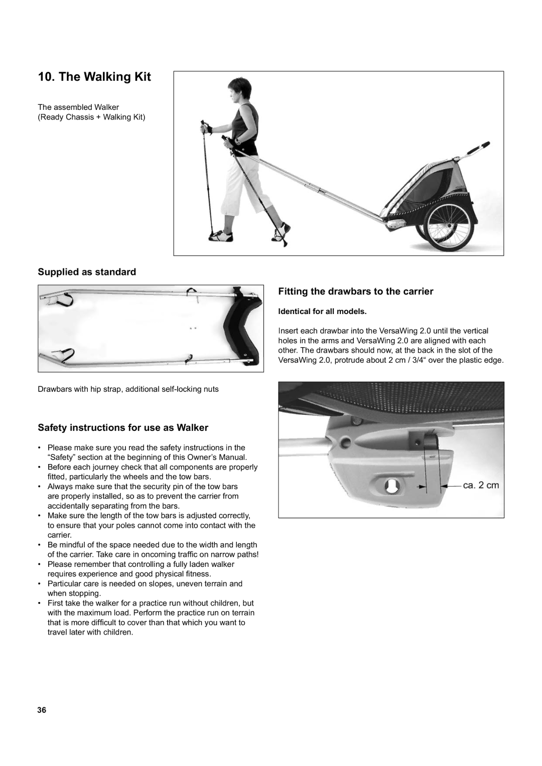 Chariot Carriers Captain XL manual Walking Kit, Safety instructions for use as Walker, Fitting the drawbars to the carrier 