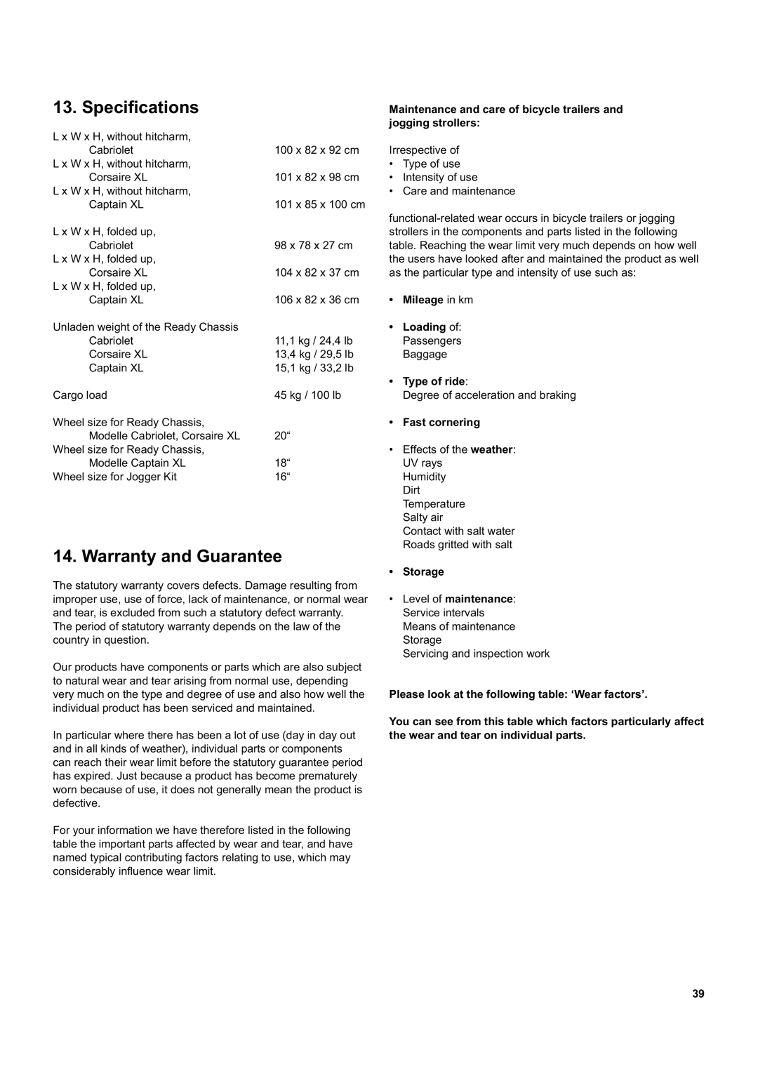 Chariot Carriers Corsaire XL manual Speciﬁcations, Warranty and Guarantee, Mileage in km, Type of ride, Fast cornering 