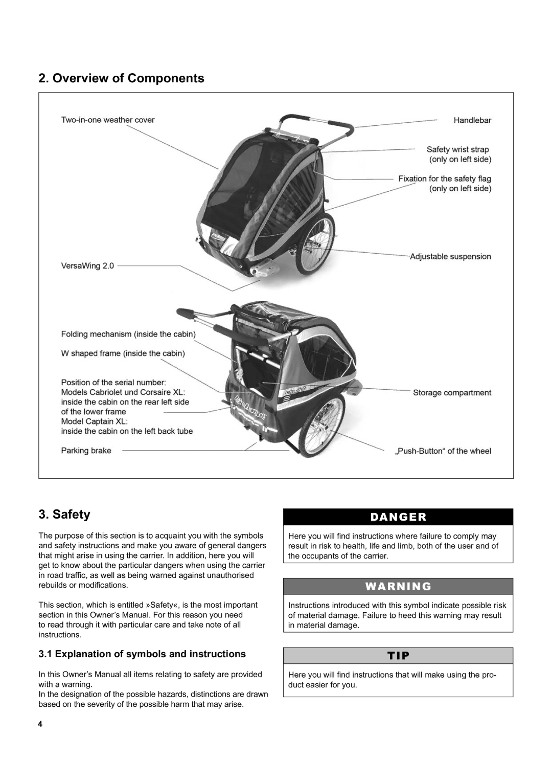 Chariot Carriers Captain XL, Corsaire XL manual Overview of Components Safety, Explanation of symbols and instructions 