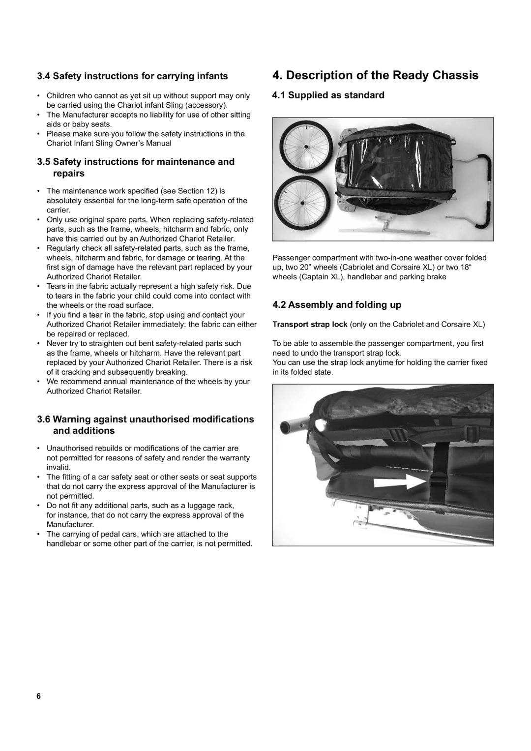 Chariot Carriers Captain XL, Corsaire XL manual Description of the Ready Chassis, Safety instructions for carrying infants 