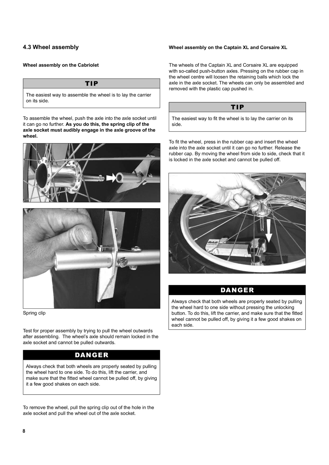 Chariot Carriers manual Wheel assembly on the Cabriolet, Wheel assembly on the Captain XL and Corsaire XL 