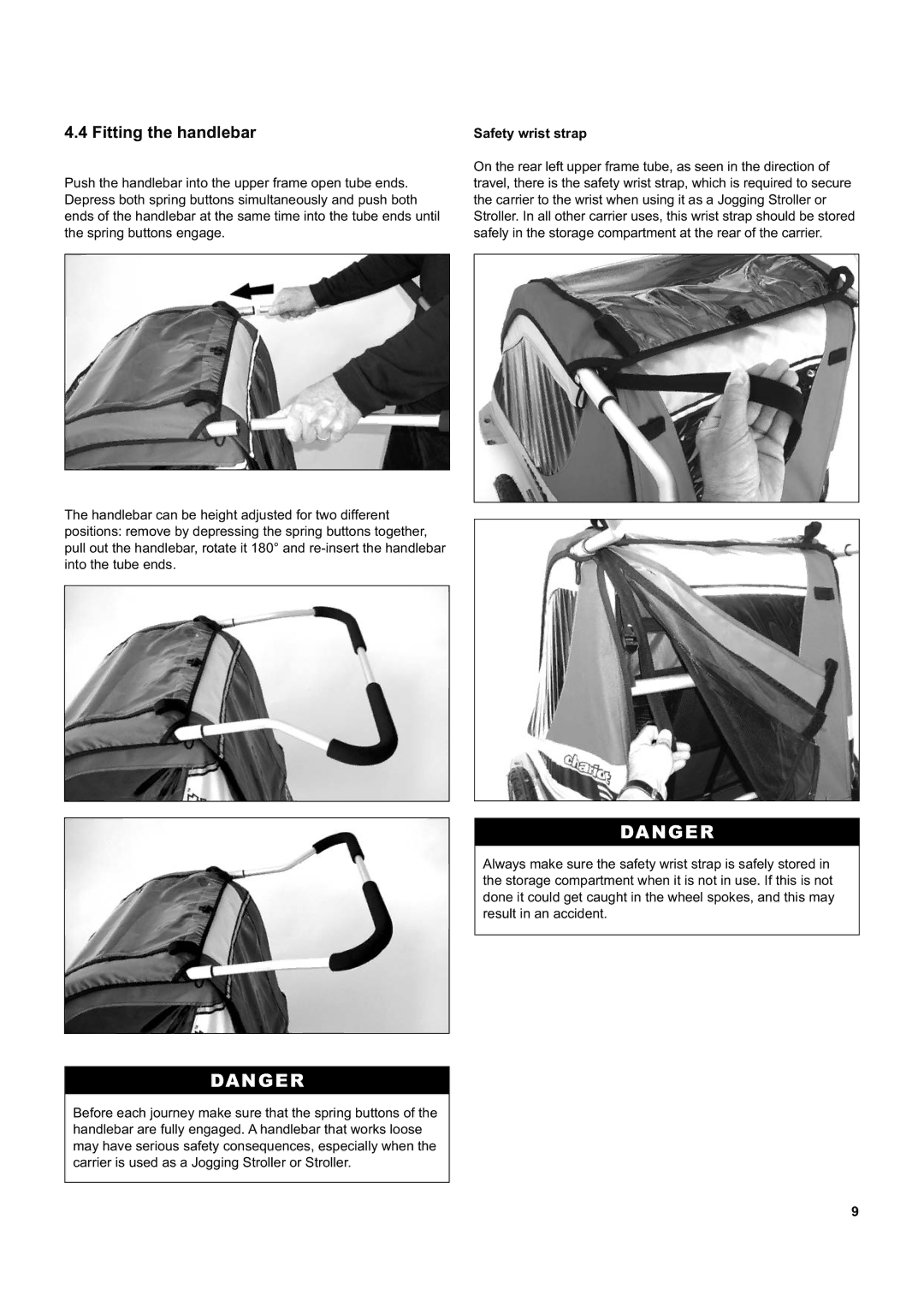 Chariot Carriers Corsaire XL, Captain XL manual Fitting the handlebar, Safety wrist strap 