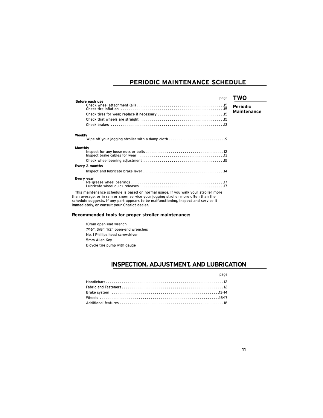 Chariot Carriers Cavalier manual Periodic Maintenance Schedule, Two, INSPECTION, ADJUSTMENT, and Lubrication 