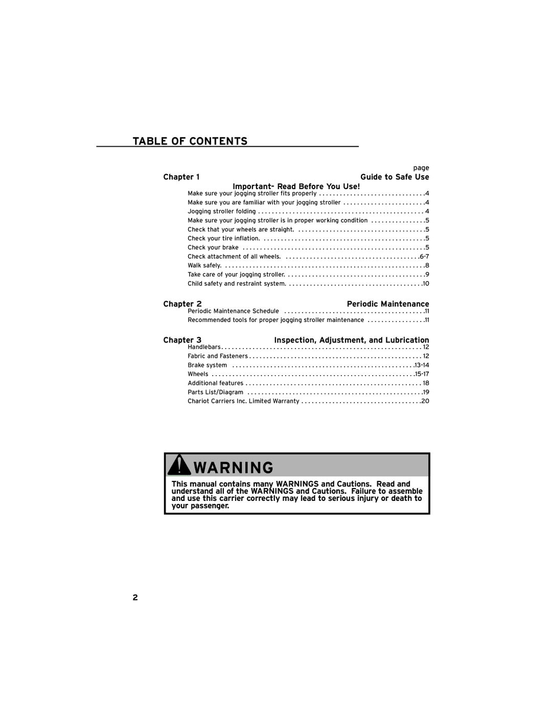 Chariot Carriers Cavalier manual Table of Contents 