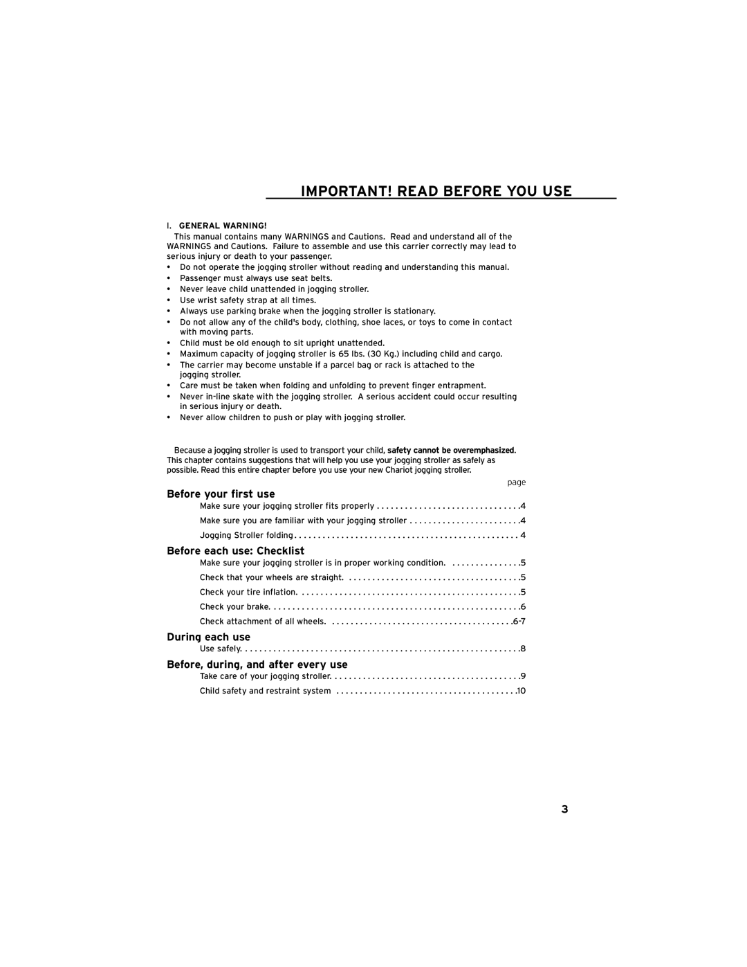 Chariot Carriers Cavalier manual IMPORTANT! Read Before YOU USE, Before your first use, Before each use Checklist 