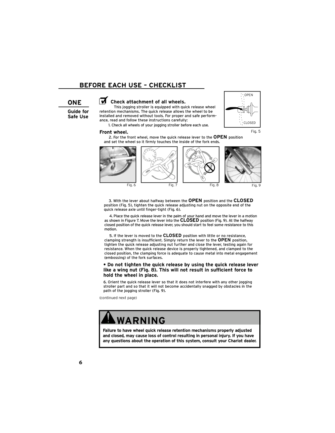 Chariot Carriers Cavalier manual Before Each USE Checklist, ONE Check attachment of all wheels, Front wheel 