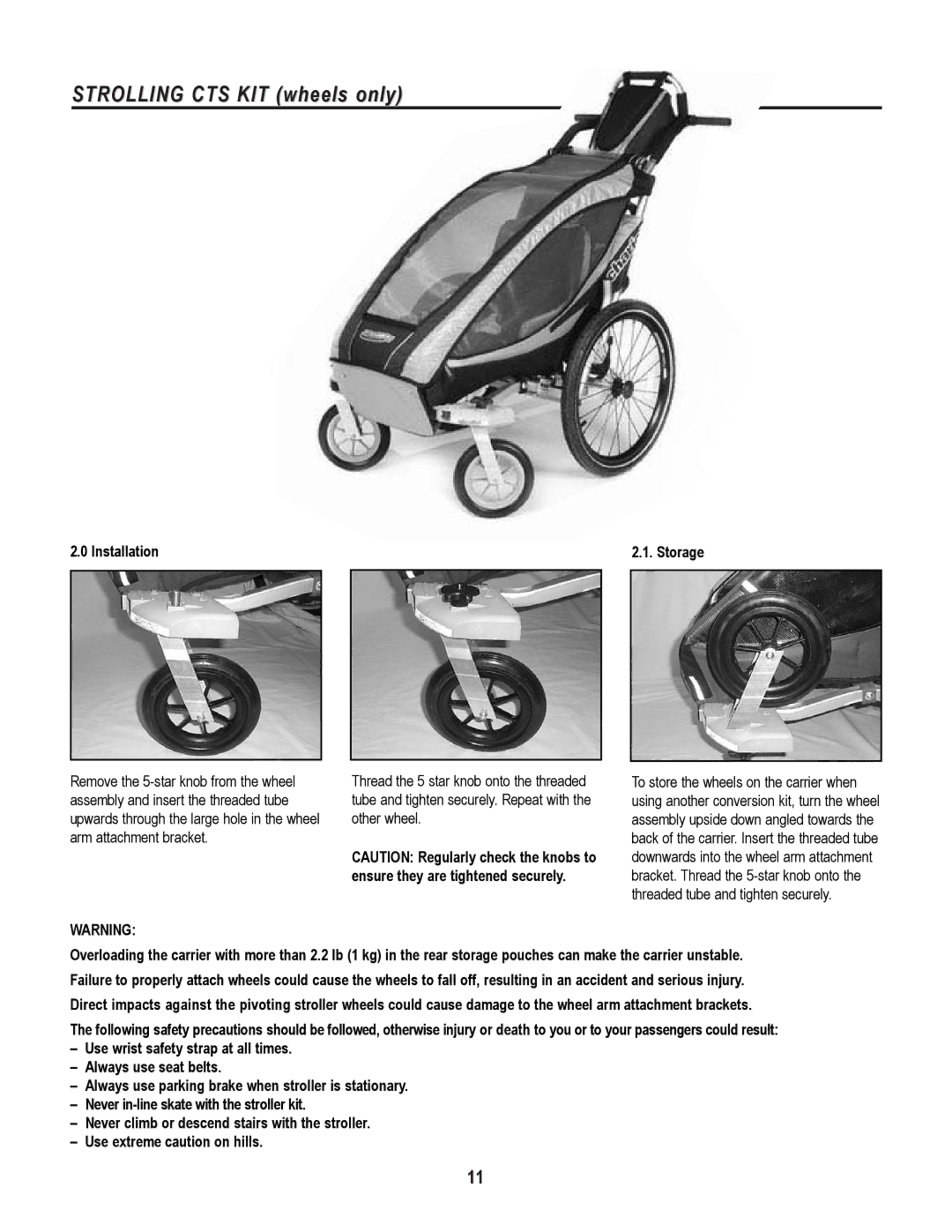 Chariot Carriers Cougar 1, Cougar 2 manual Strolling CTS KIT wheels only, Installation Storage 