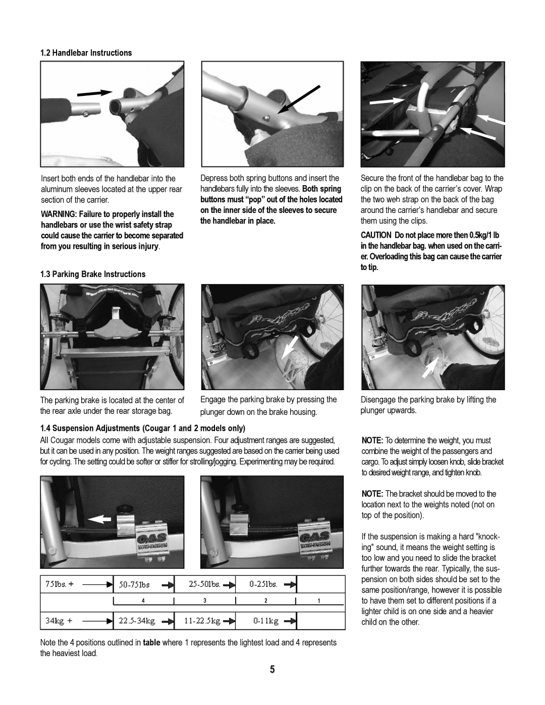 Chariot Carriers Cougar 1, Cougar 2 manual Handlebar Instructions, Parking Brake Instructions 