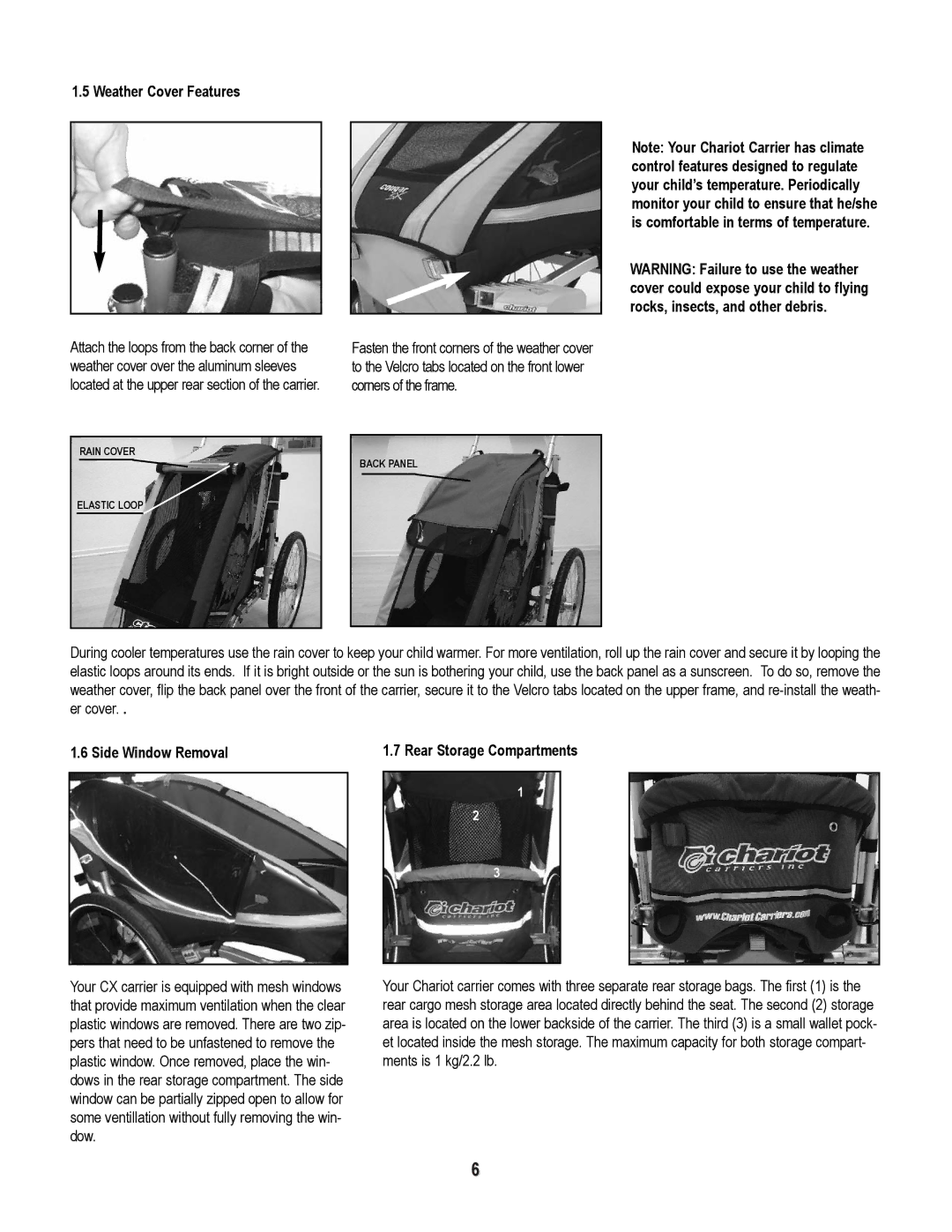 Chariot Carriers Cougar 2, Cougar 1 manual Weather Cover Features, Side Window Removal Rear Storage Compartments 