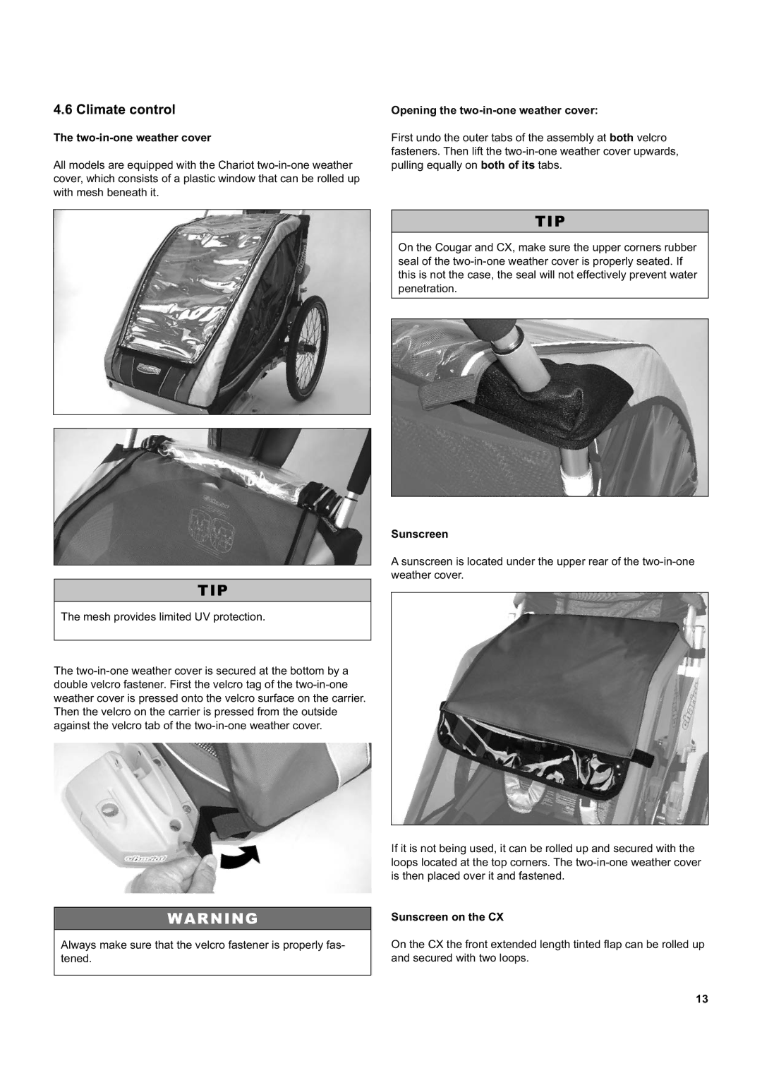 Chariot Carriers CX 2, CX 1 Climate control, Two-in-one weather cover, Opening the two-in-one weather cover, Sunscreen 