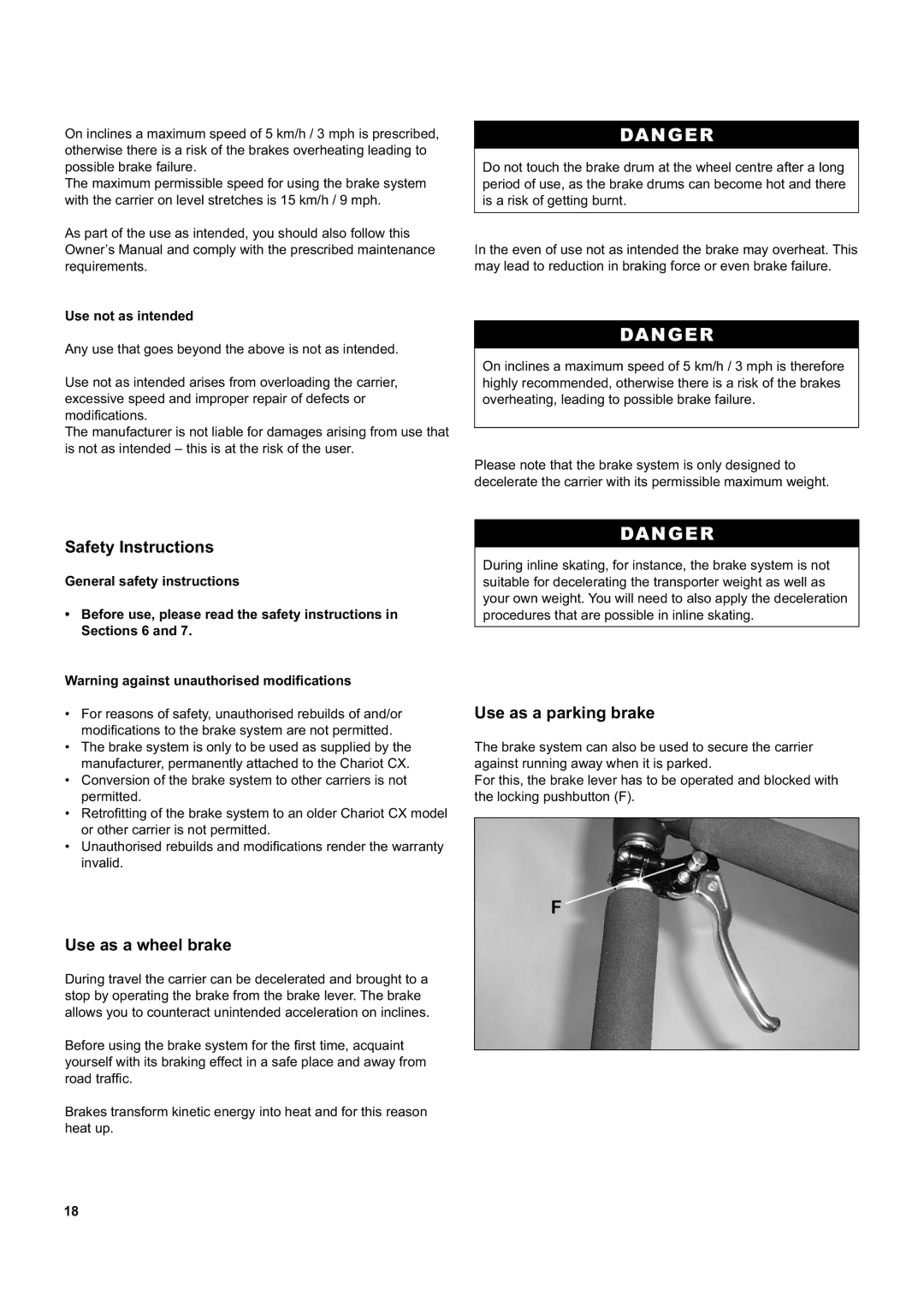 Chariot Carriers CX 1, CX 2 manual Safety Instructions, Use as a wheel brake, Use as a parking brake 