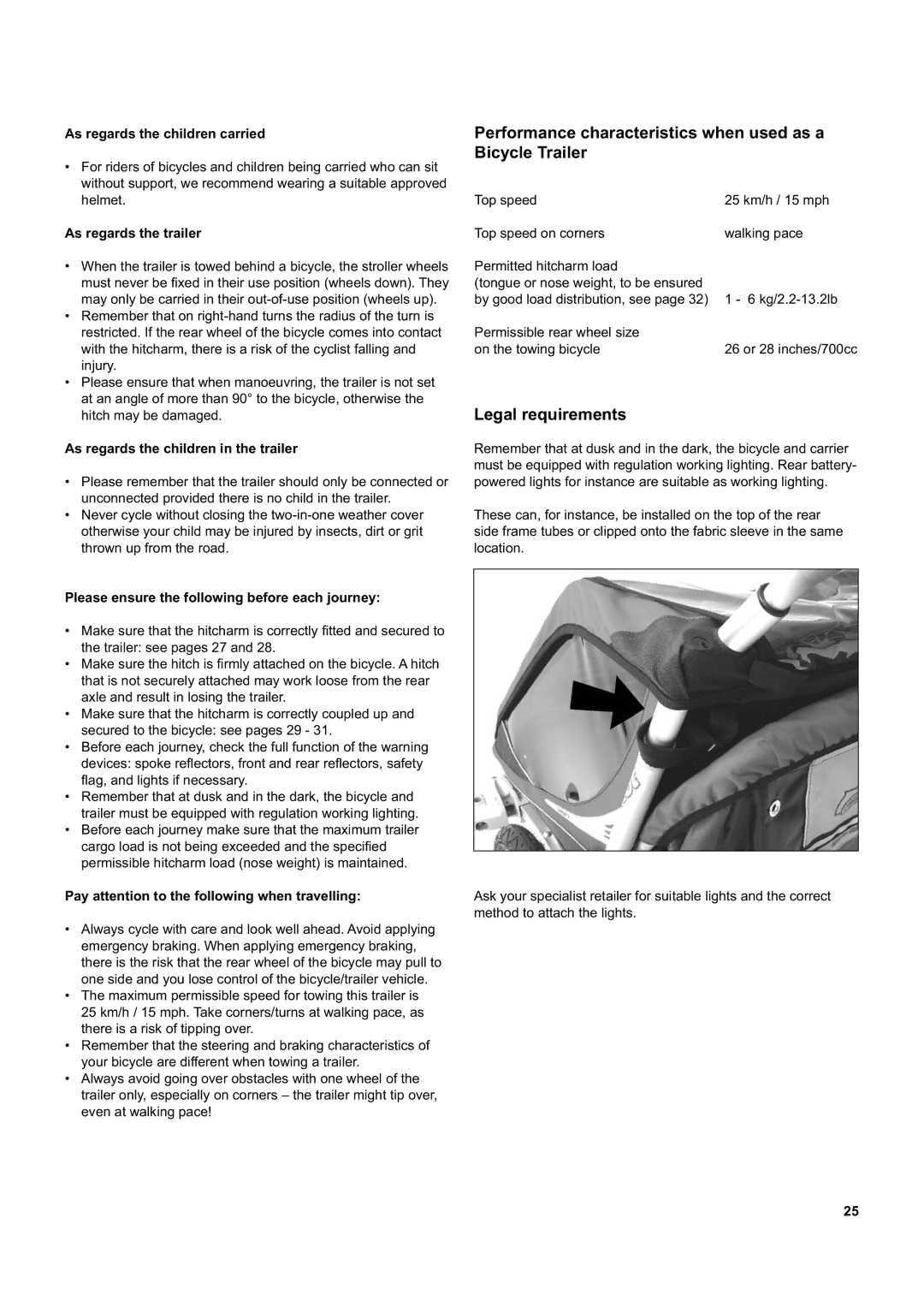 Chariot Carriers CX 2, CX 1 manual Performance characteristics when used as a Bicycle Trailer, Legal requirements 